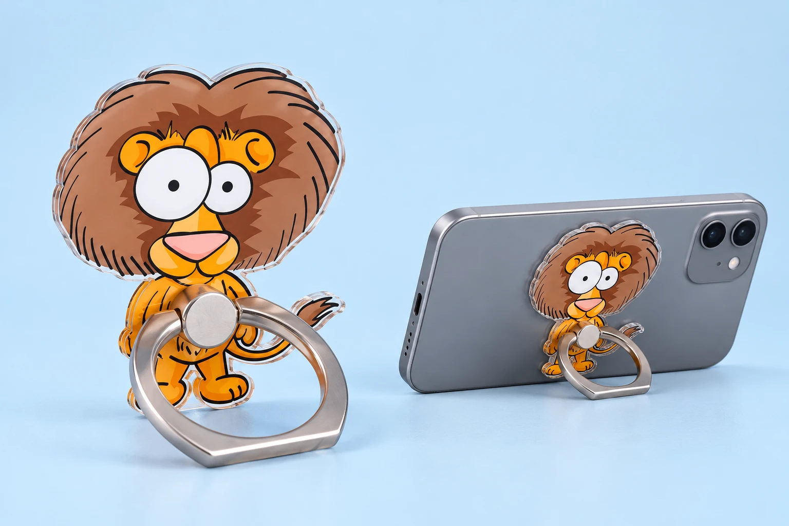Lion Phone Ring Holder shown complete with illustrated phone use