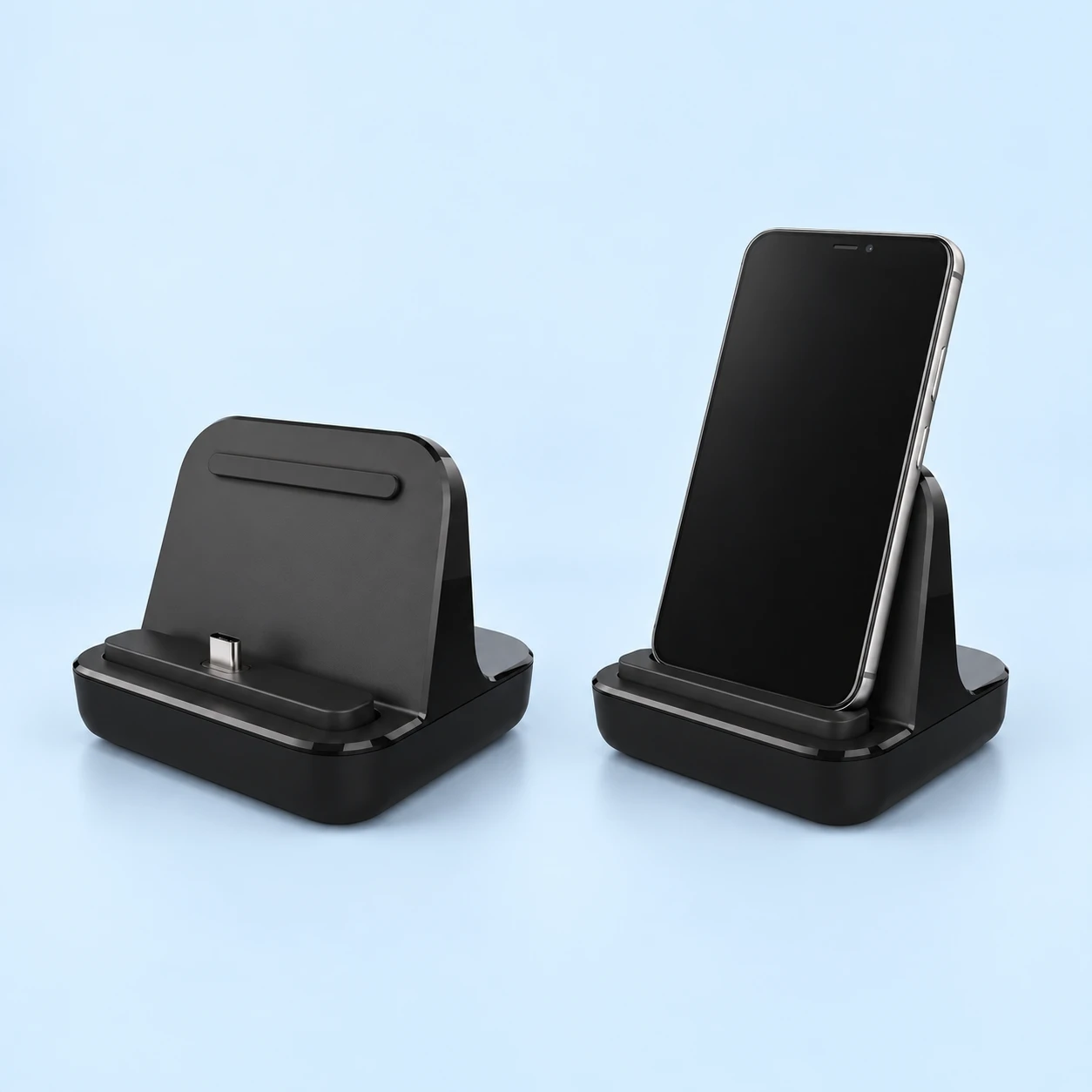 Black UC-TC Connector Phone Dock; product and illustrative use on pale blue. Phone and scene props excluded., square composition