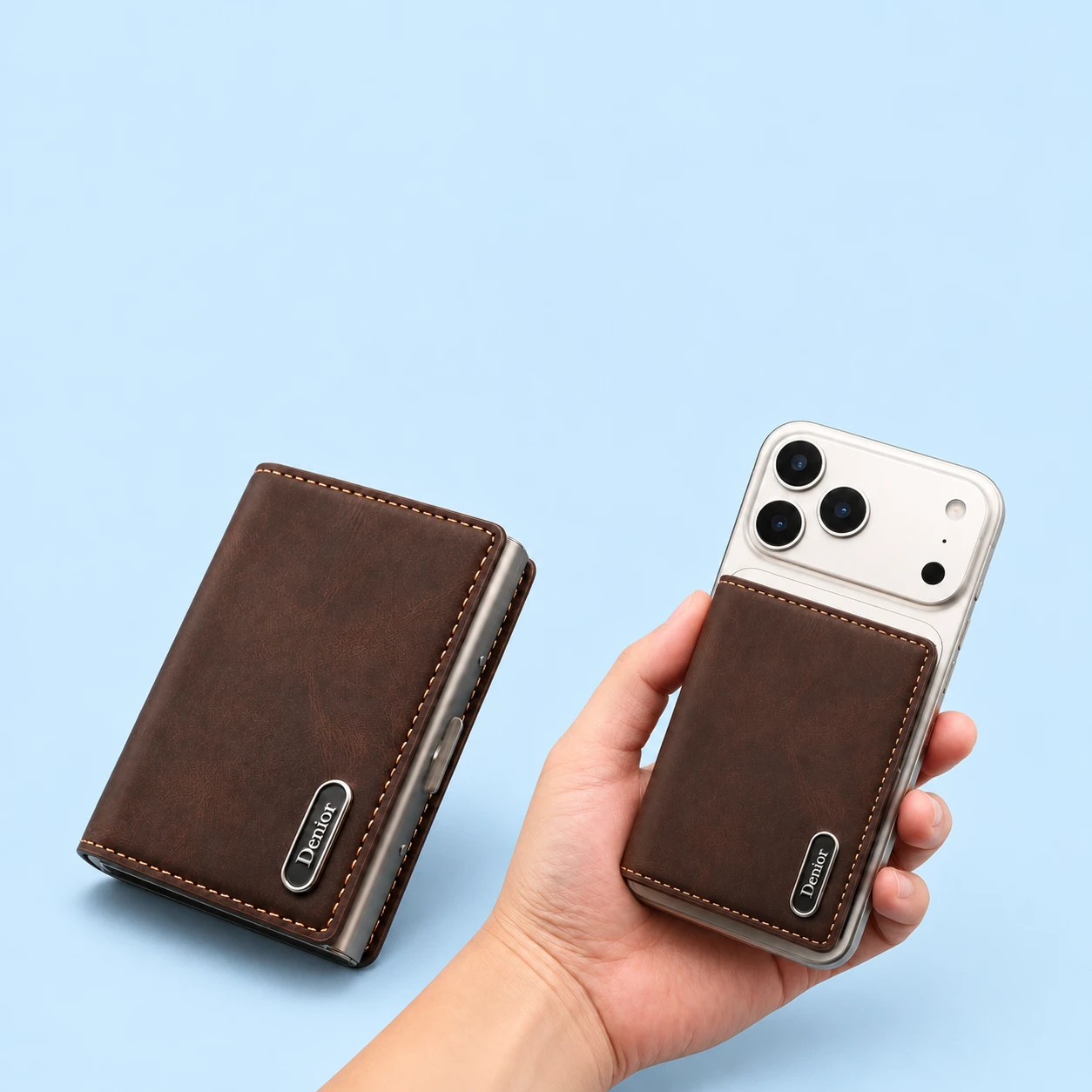 Brown stitched magnetic phone wallet with a closed rigid card box shown complete on the left and flat behind a hand-held phone on the right, on a pale-blue background., square composition
