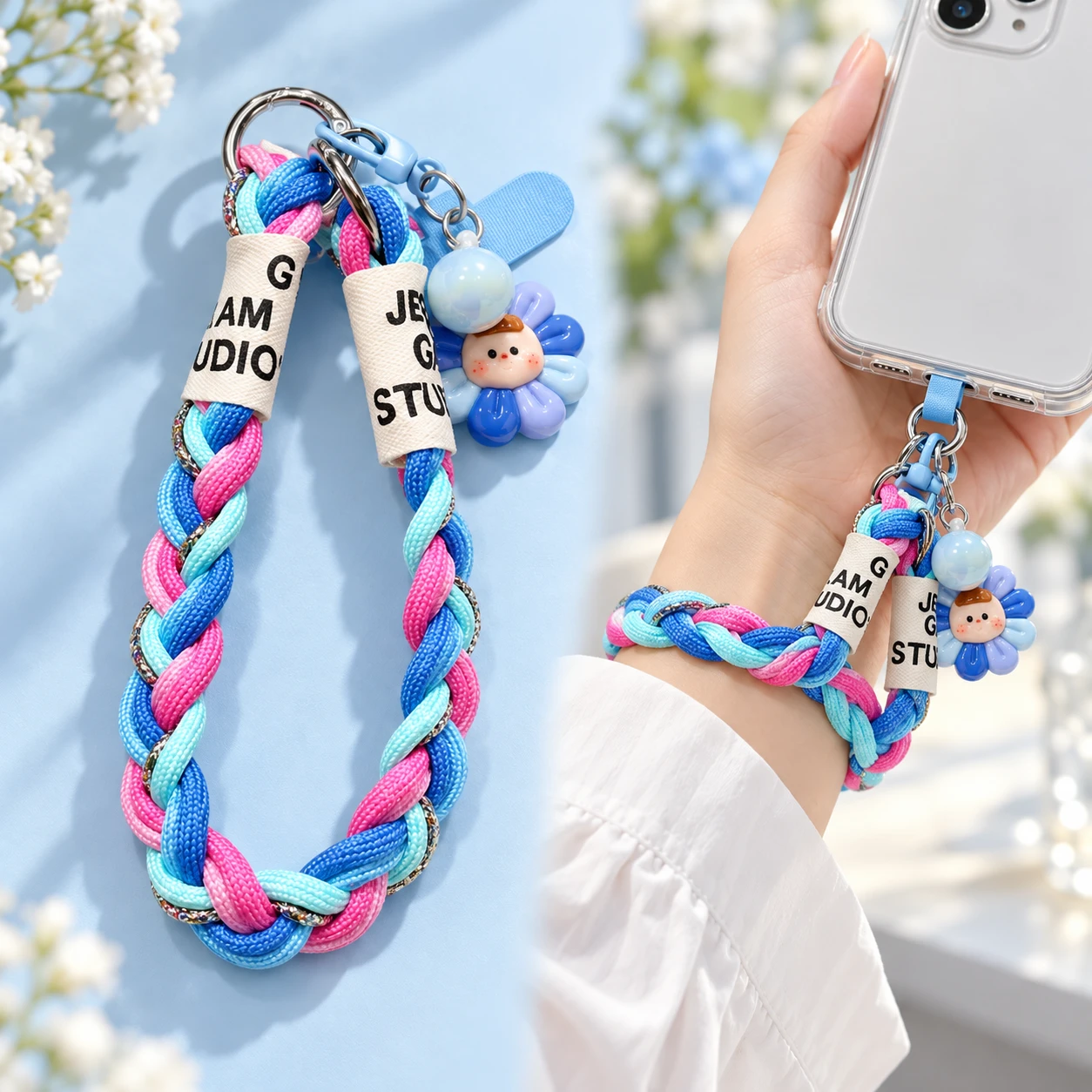 Blue Sunflower Braided Wrist Phone Lanyard photo