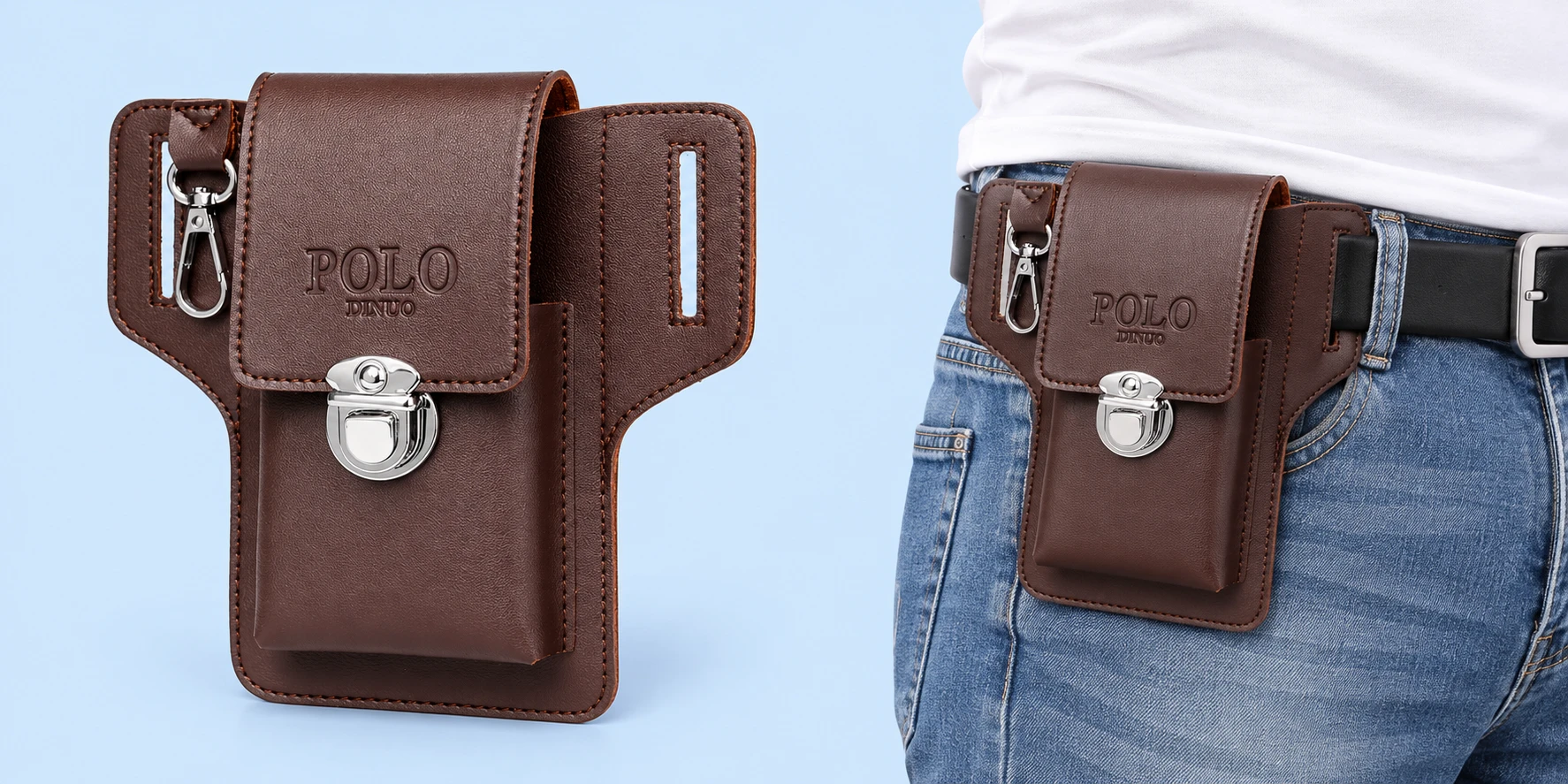 Complete closed brown phone belt pouch with two integral slotted side wings, raised front utility pocket, one left key hook and silver-tone latch, beside the same closed pouch worn on a plain belt in stationary use on pale blue. Belt and clothing are contextual props.