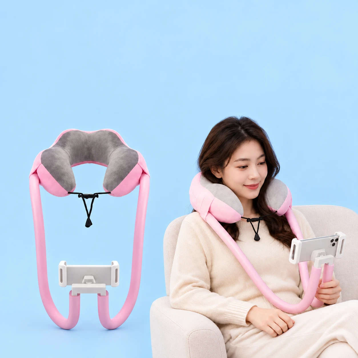 Complete pink-and-gray neck-pillow phone holder with original black cord, paired pink loop arms and white slotted-jaw cradle at left; the same assembly worn by a seated adult and holding a landscape phone at right on pale blue., square composition