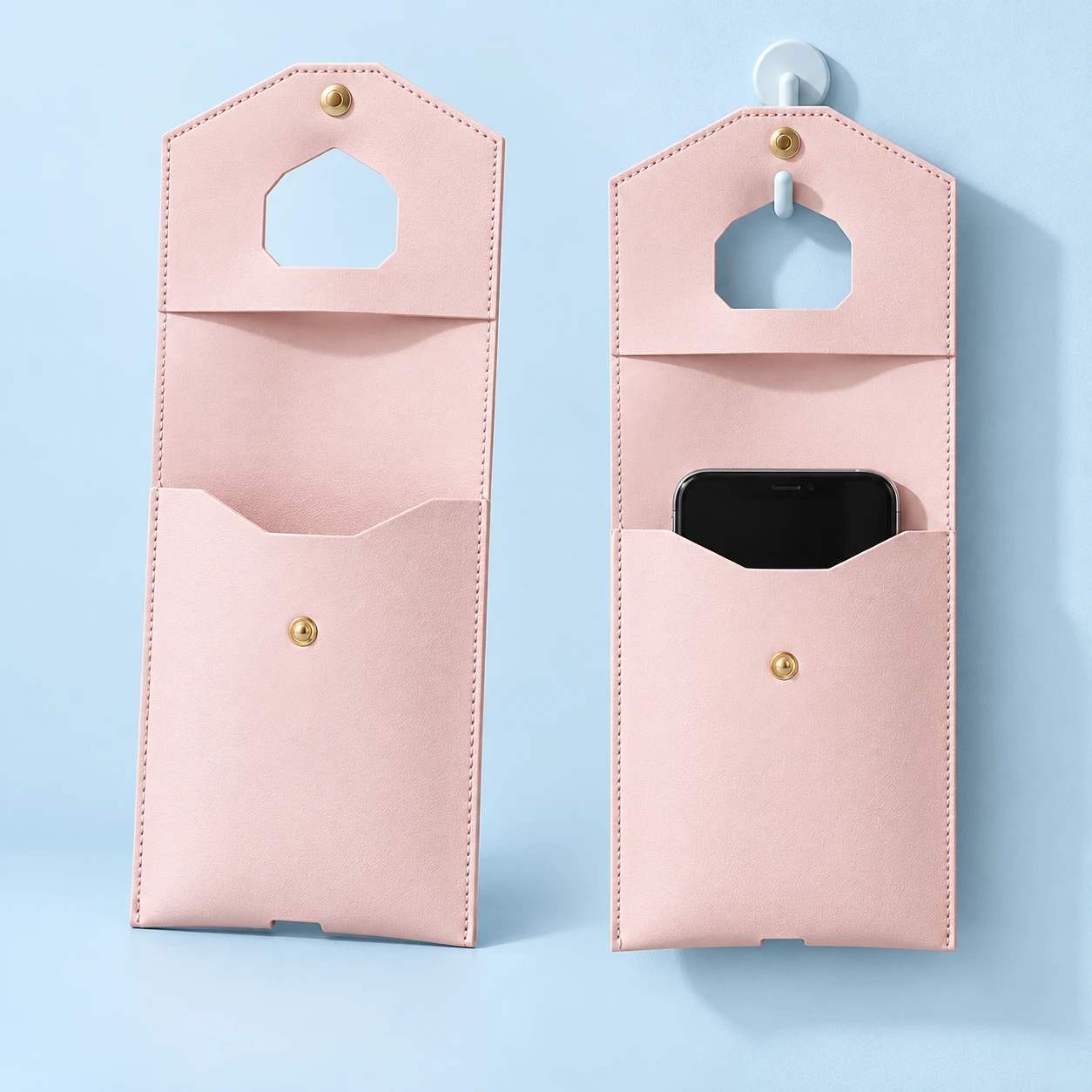 Blank pink fold-over hanging phone pocket and storage on a separate compatible wall hook