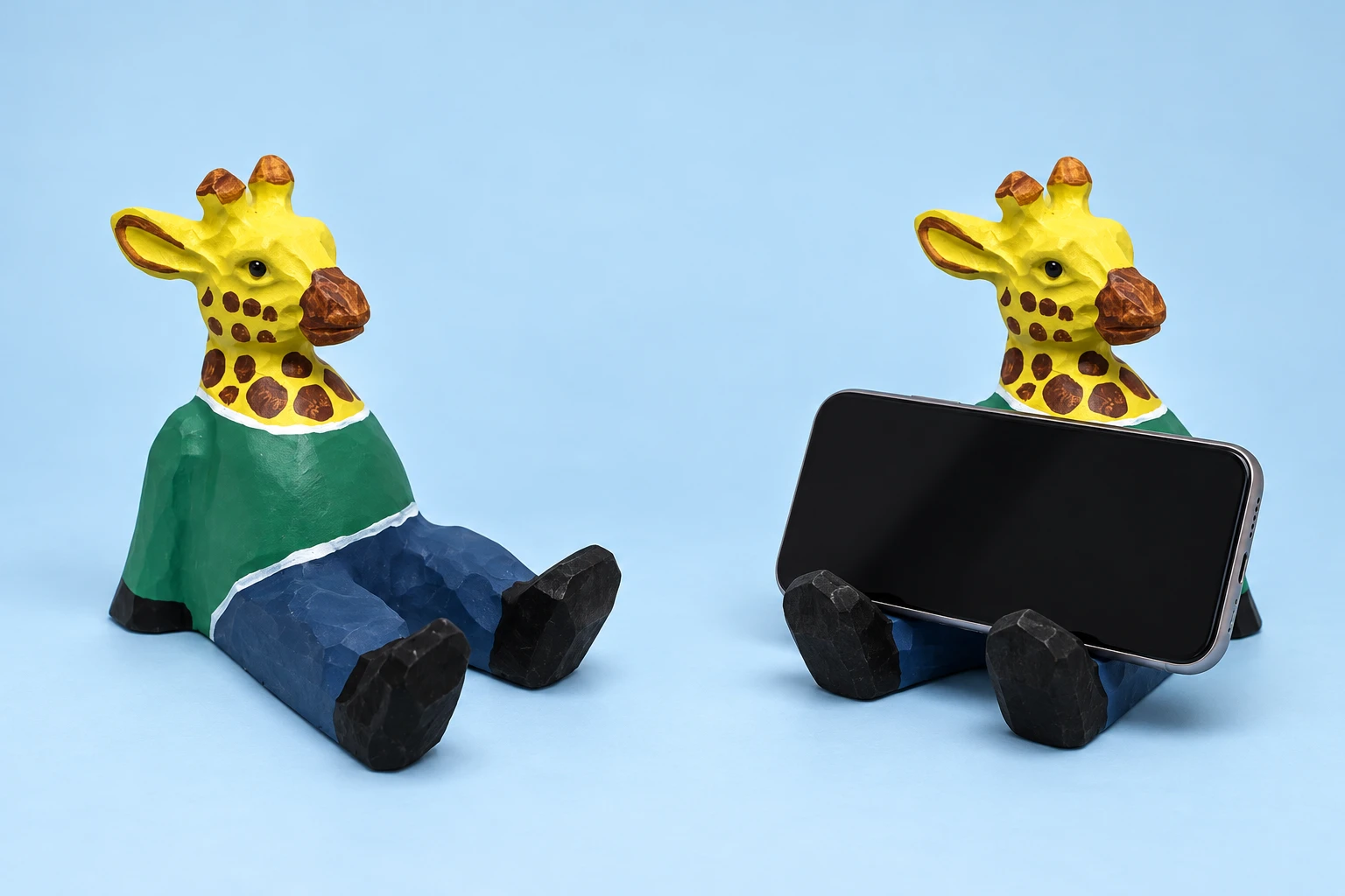 Seated Green-Shirt Giraffe Wooden Phone Rest