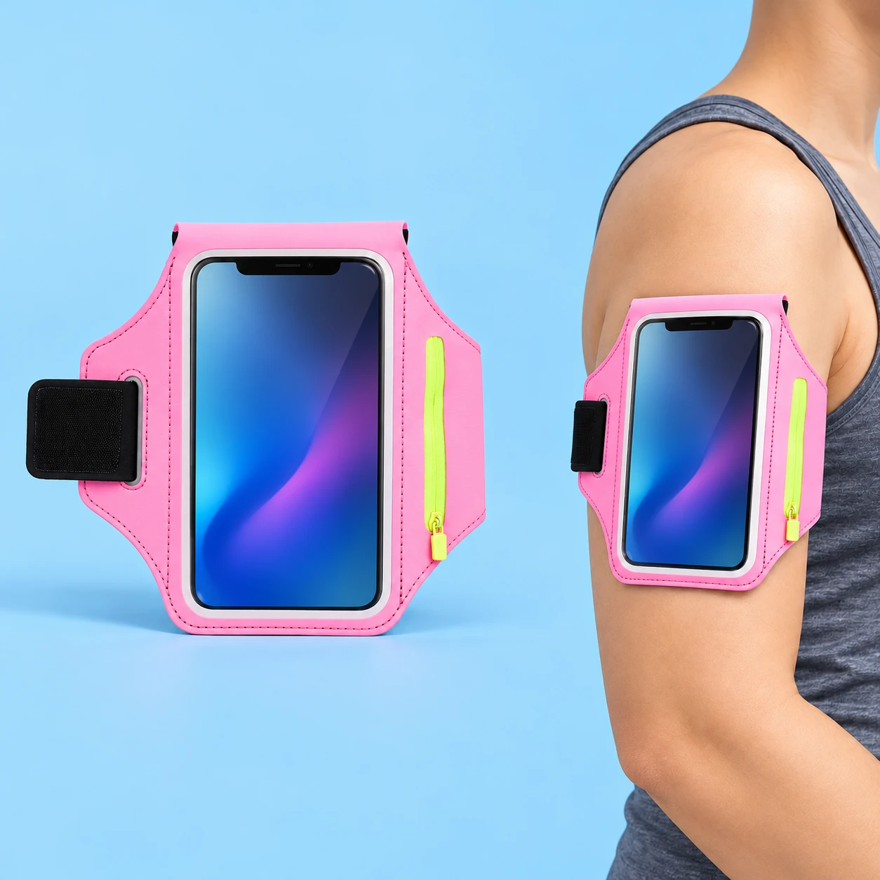 Pink clear-window phone armband with side zip pocket and stationary upper-arm use; phone excluded, square composition