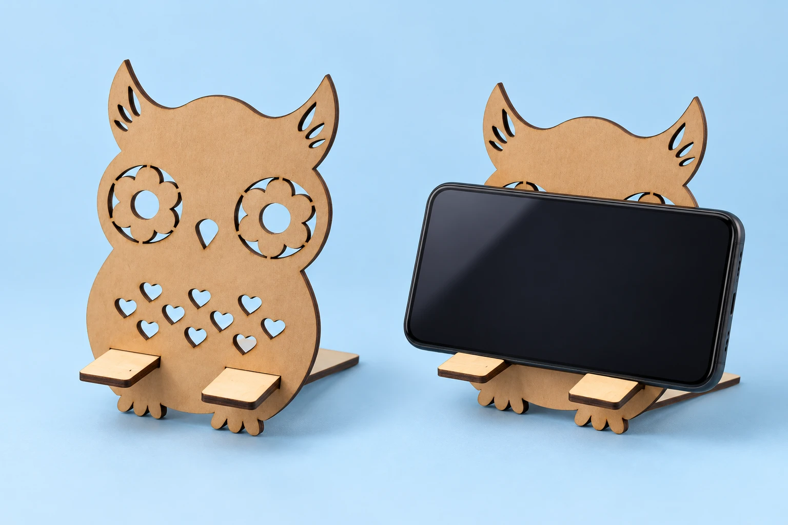 Heart-cutout wooden owl phone stand and landscape phone illustration