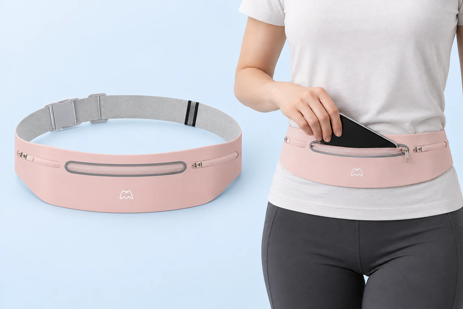 Blush pink three-pocket phone belt shown complete and worn with phone insertion through the center zipper