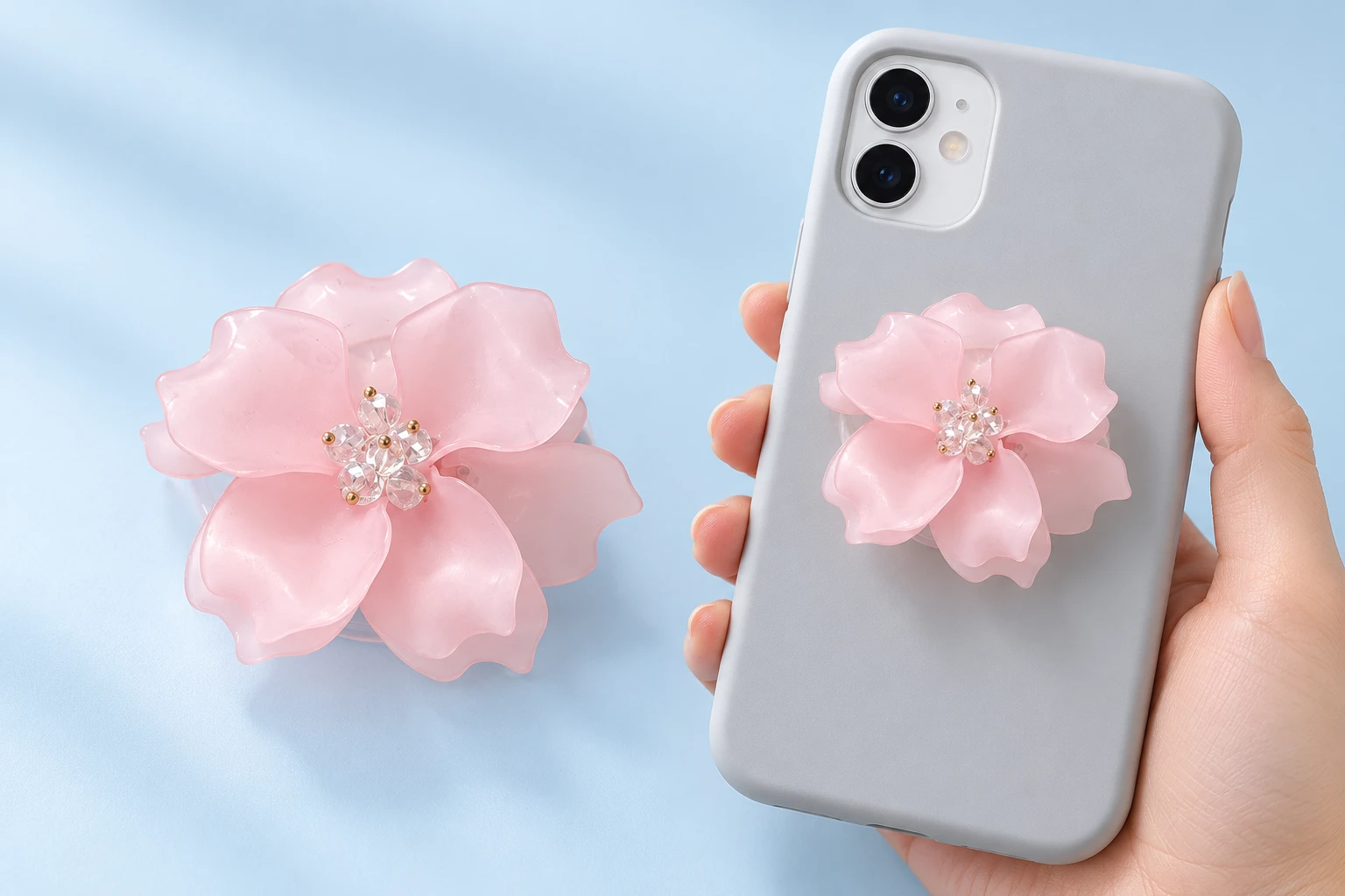 Pastel pink layered camellia phone grip with transparent base and closed mounting illustration