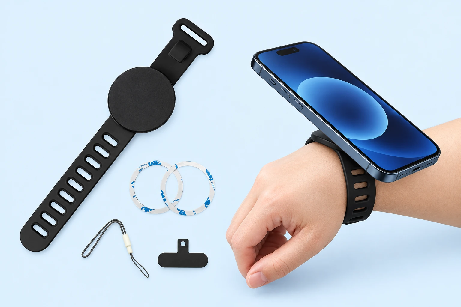 Black Slotted-Band Magnetic Wrist Phone Holder Kit; product and illustrative use on pale blue. Phone and scene props excluded.