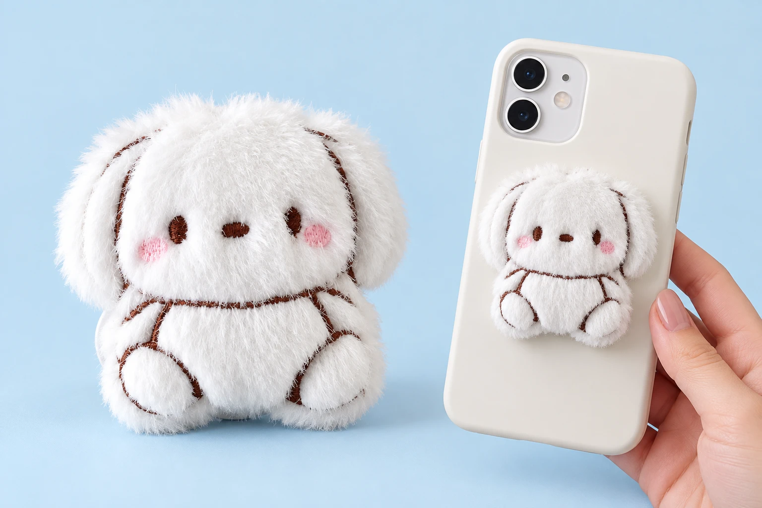 White embroidered seated puppy plush phone grip shown complete and closed on a hand-held phone case