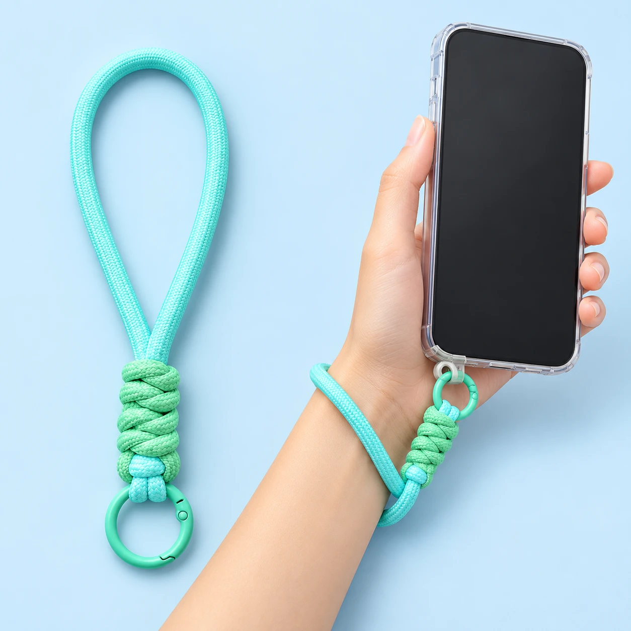 Aqua and mint diamond-knot phone wrist loop with round gate, product and supported compatible-case use
