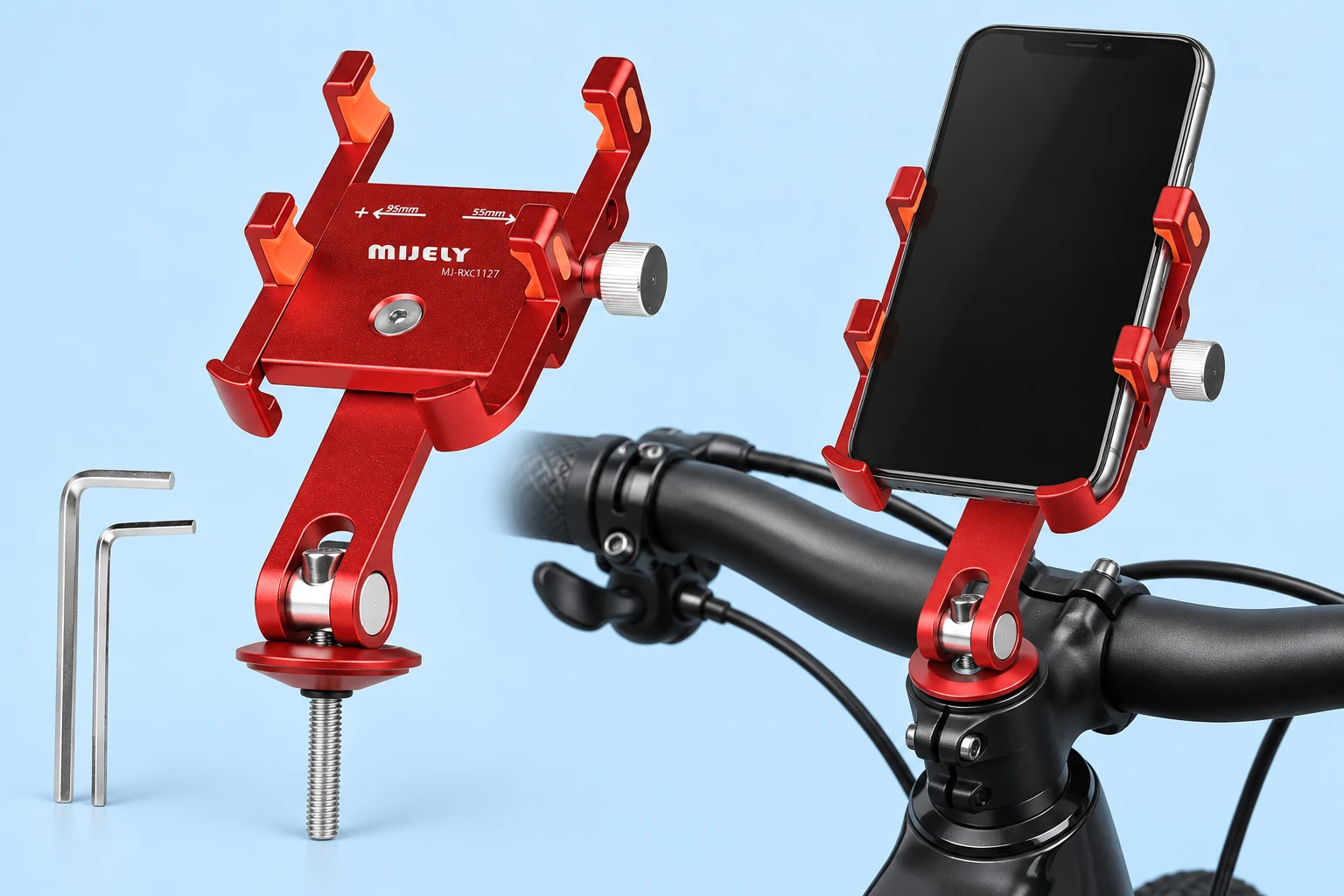 Complete empty red alloy stem-cap phone mount with original bolt and two hex keys on the left; the same mount supports a portrait phone on a stationary bicycle stem on the right, against a pale-blue background.
