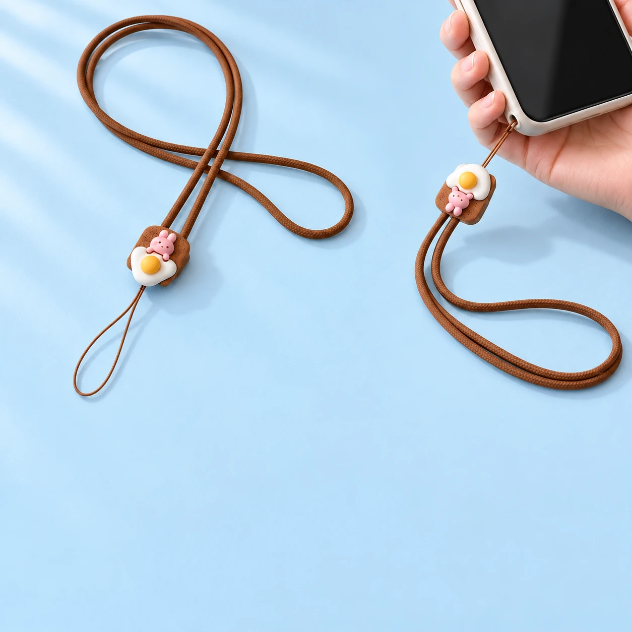 Brown egg-toast bunny phone lanyard shown complete and connected by its thin string loop to a phone-case eyelet, square composition
