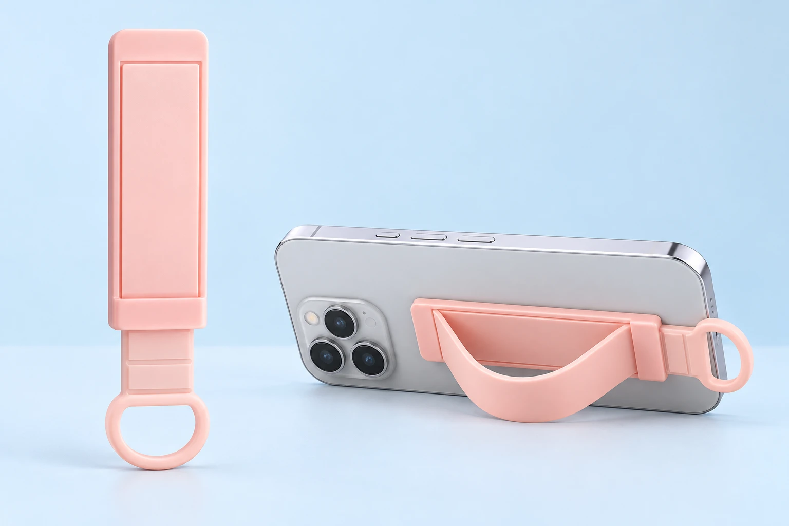 Pastel pink sliding D-loop phone grip strap and landscape support illustration