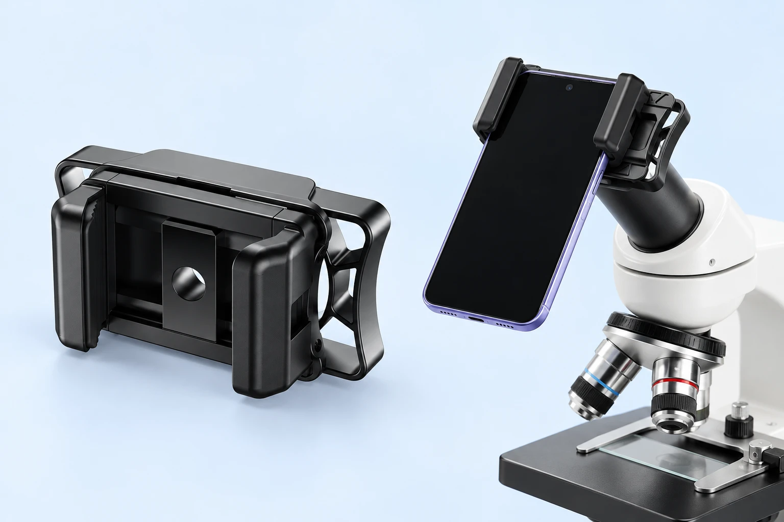 Complete empty black compact-frame optical phone adapter at left; the same original jaws hold a demonstration phone on a microscope eyepiece at right against pale blue. Phone and microscope not included.