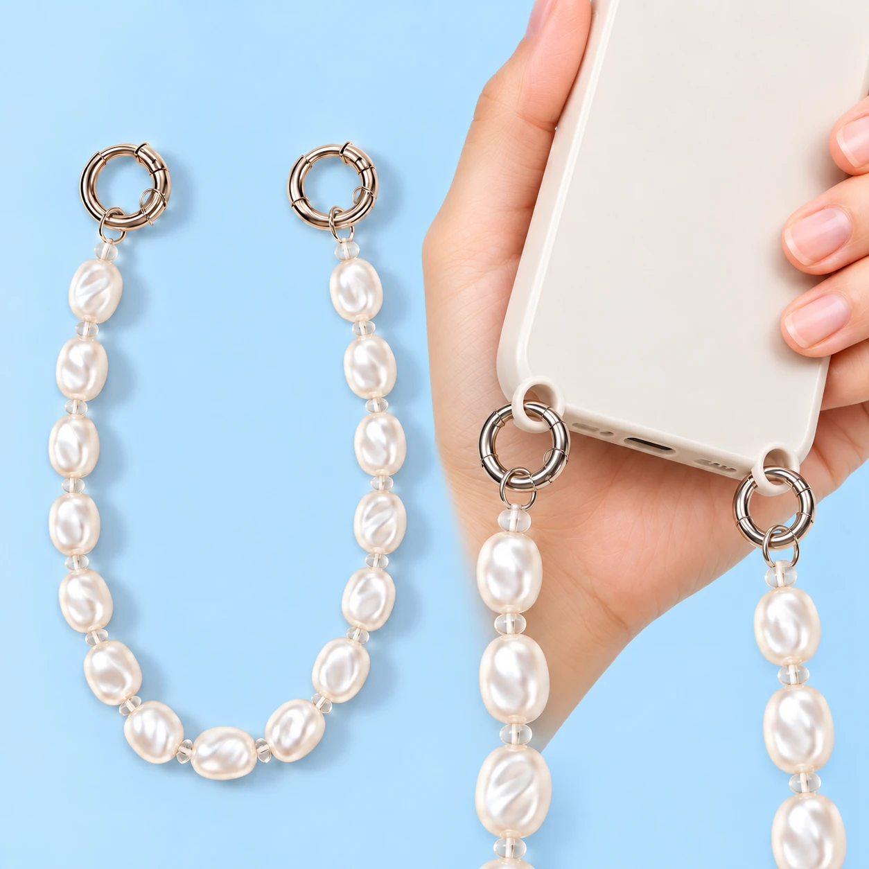 Ivory irregular pearl-effect phone chain with fifteen beads and two original round gates; full product and supported-phone attachment closeup.