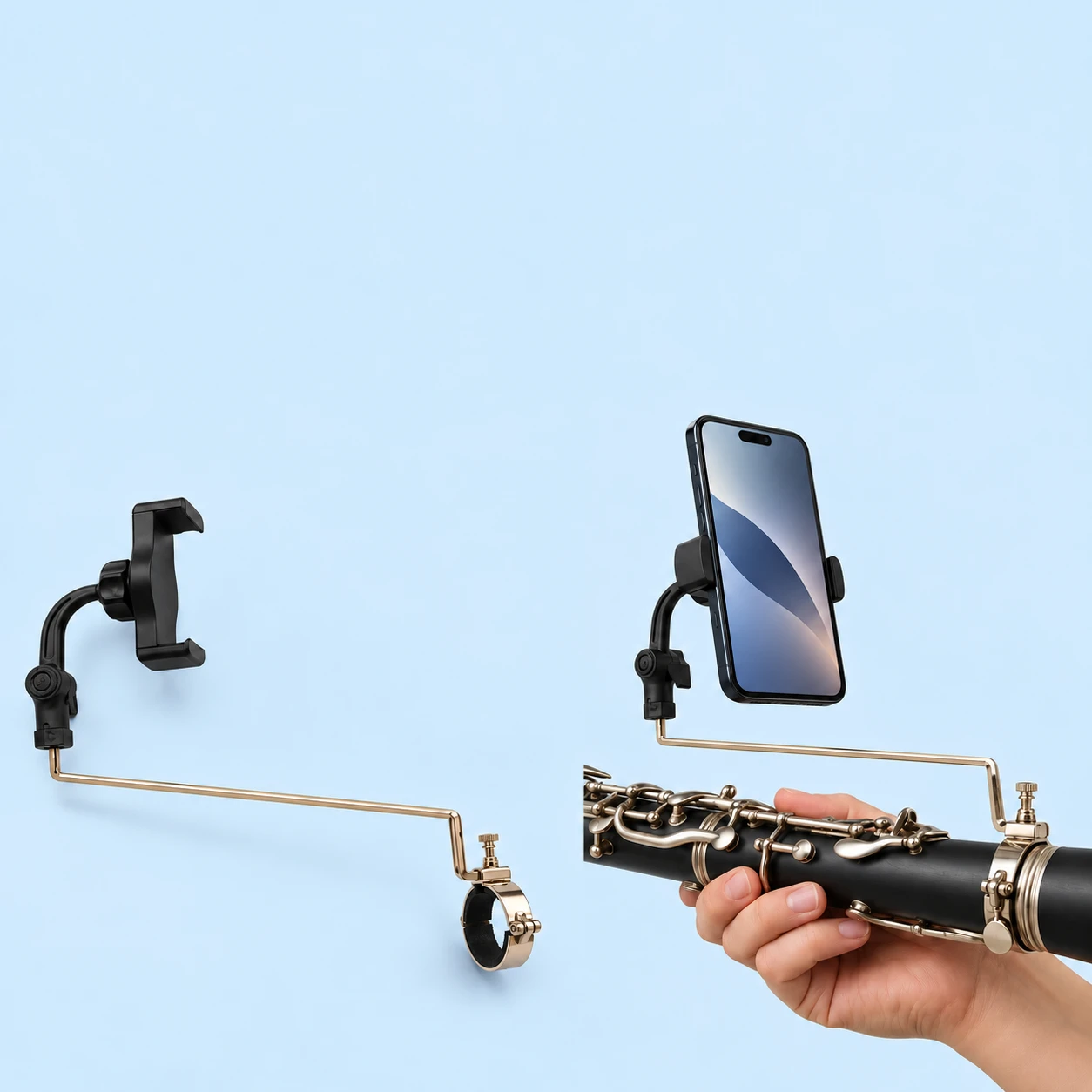 Silver Cranked-Rod Clarinet Phone Holder; product and illustrative use on pale blue. Phone and scene props excluded., square composition