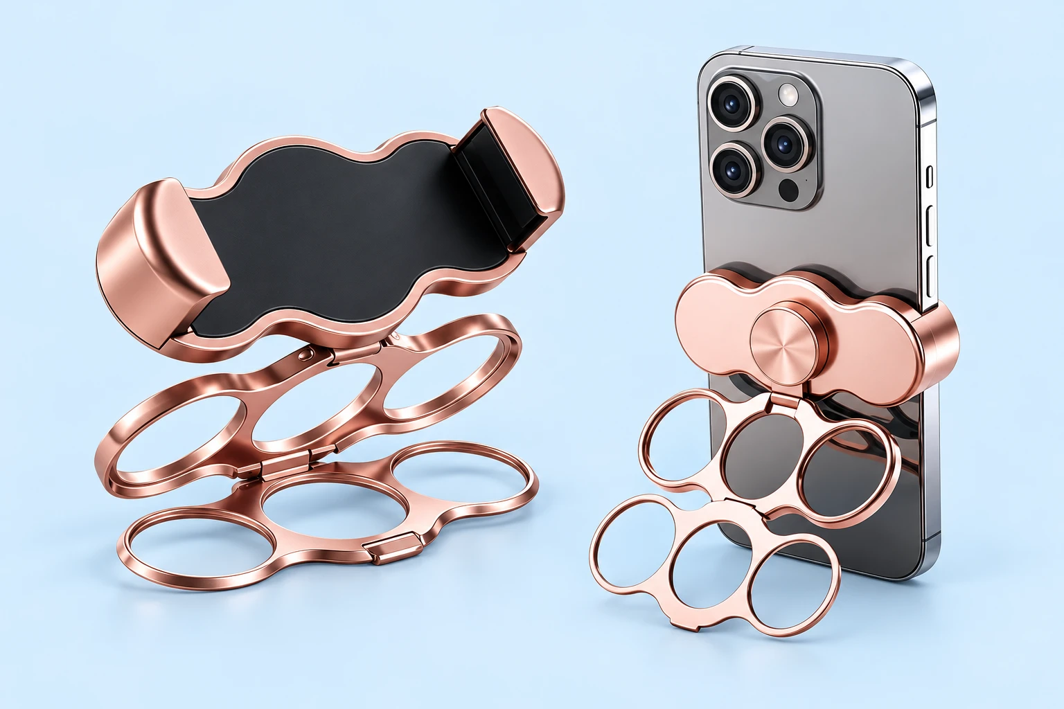 Rose pink clip-on phone grip with double-fold triple-ring frames and phone-back attachment illustration