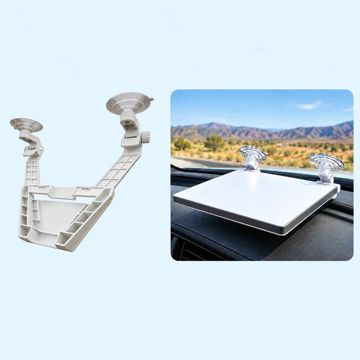 Dual-Suction Dashboard Mount for Starlink Mini. AI installation illustration; Starlink equipment not included., square composition