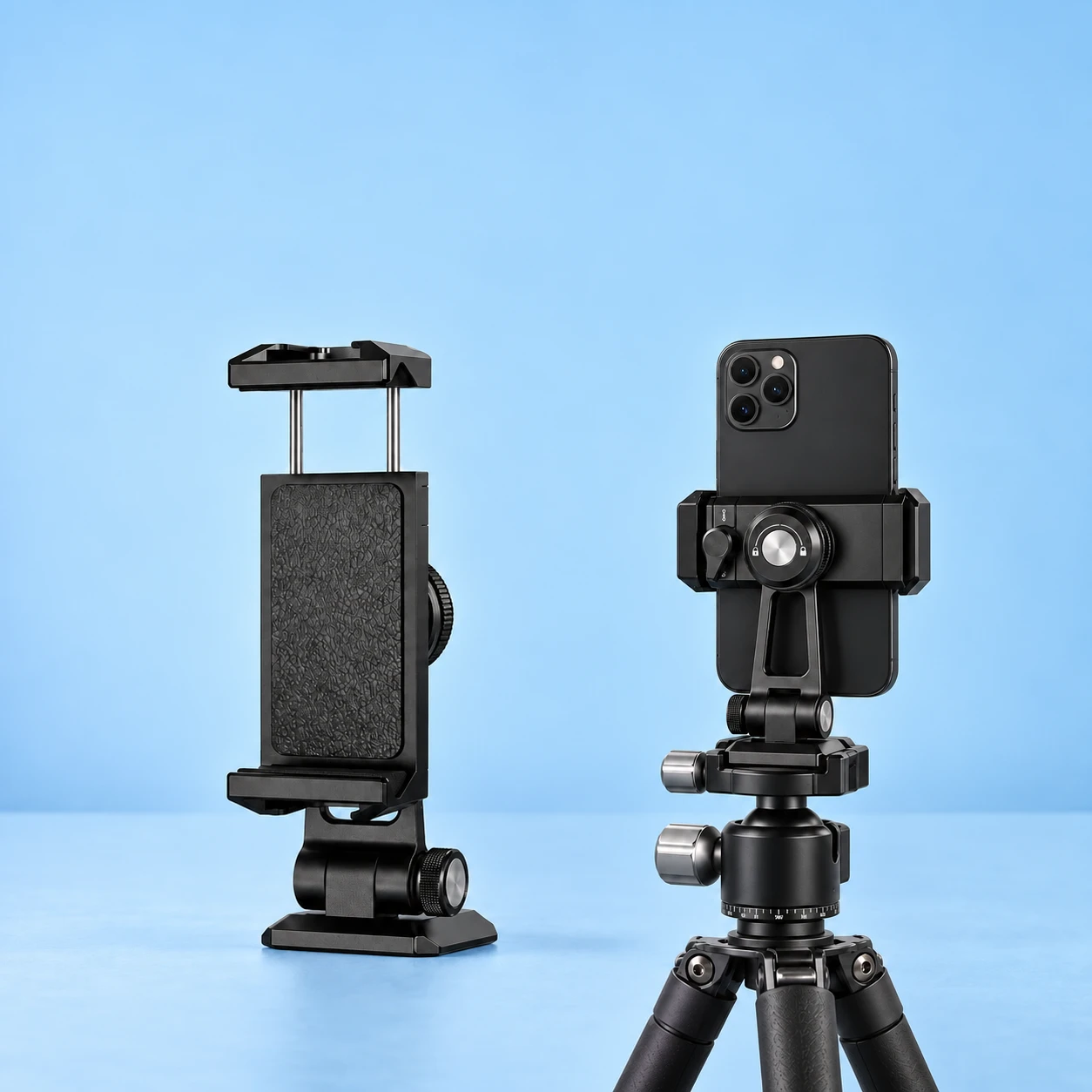 Black Lever-Lock Arca Phone Clamp; product and illustrative use on pale blue. Phone and scene props excluded., square composition