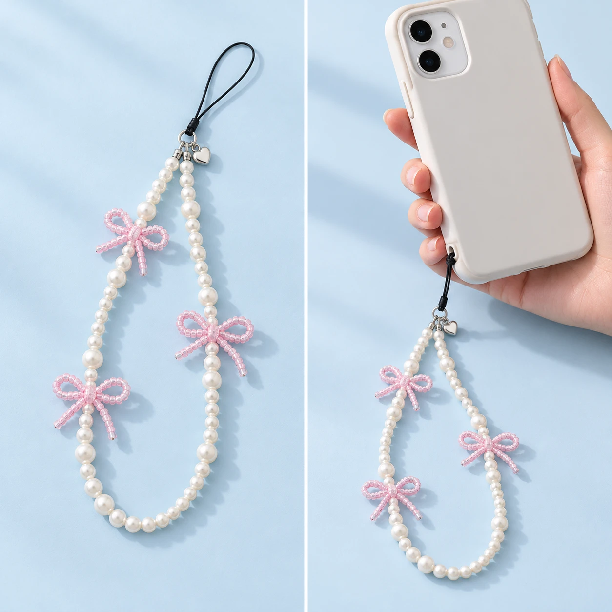 White pearl-effect phone wrist loop with three pink bows, product and supported compatible-case use views