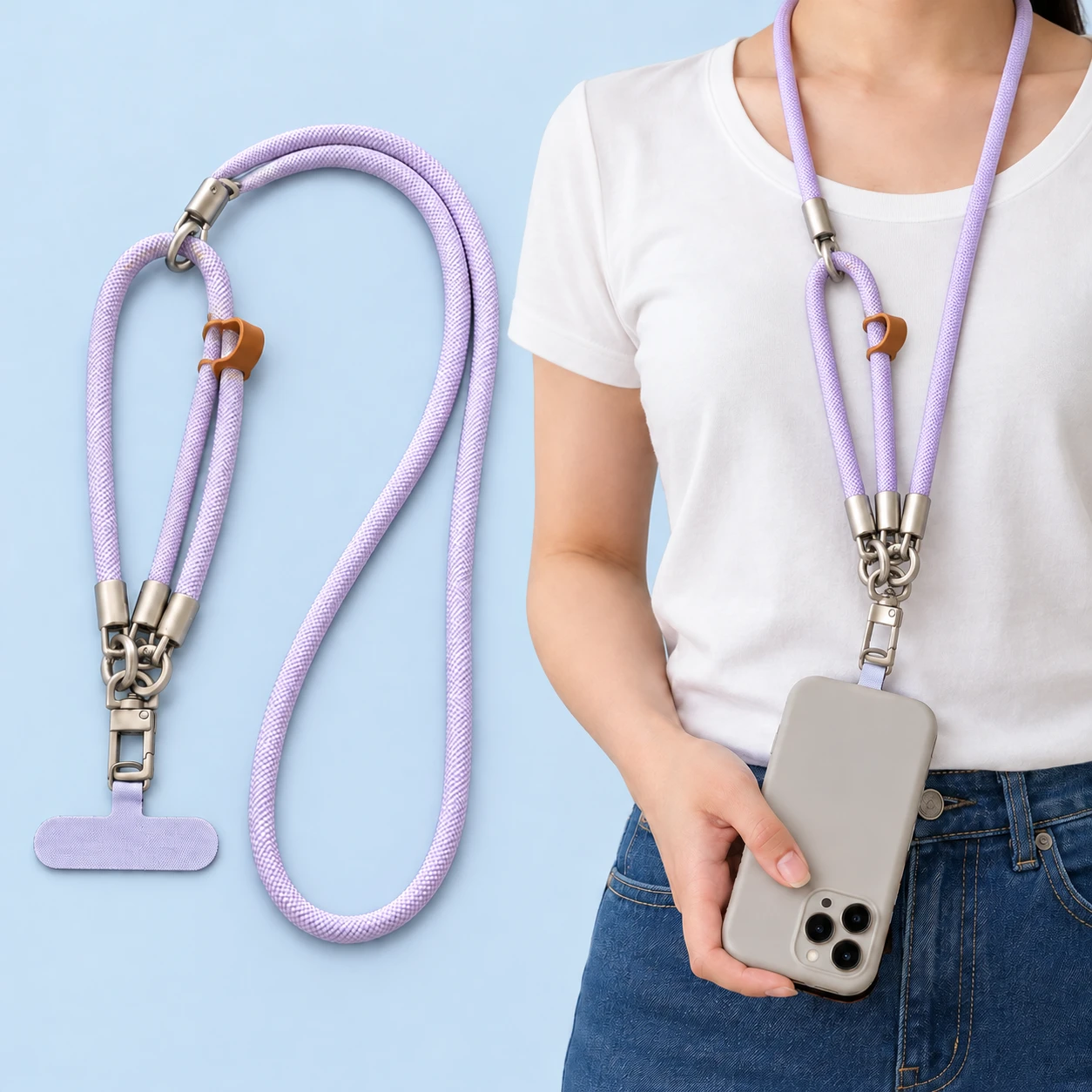Lilac modular phone lanyard with separate long and short cord sections, original connector hardware and matching fabric case anchor.