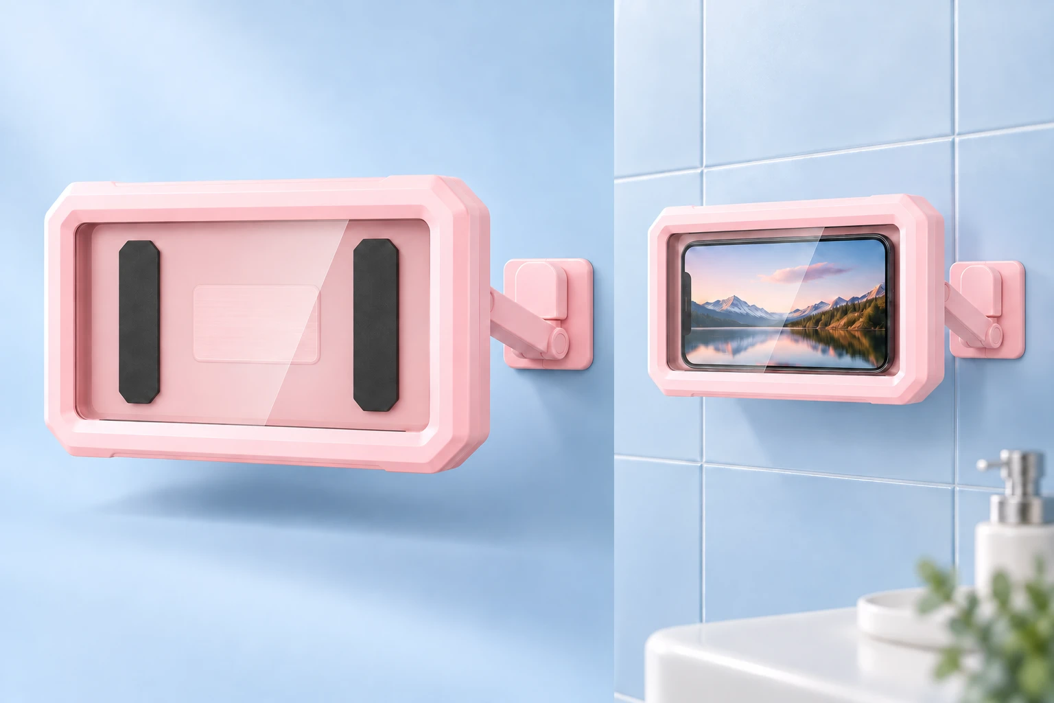 Pink articulated wall-mounted phone box and illustrative dry-bathroom use with enclosed phone