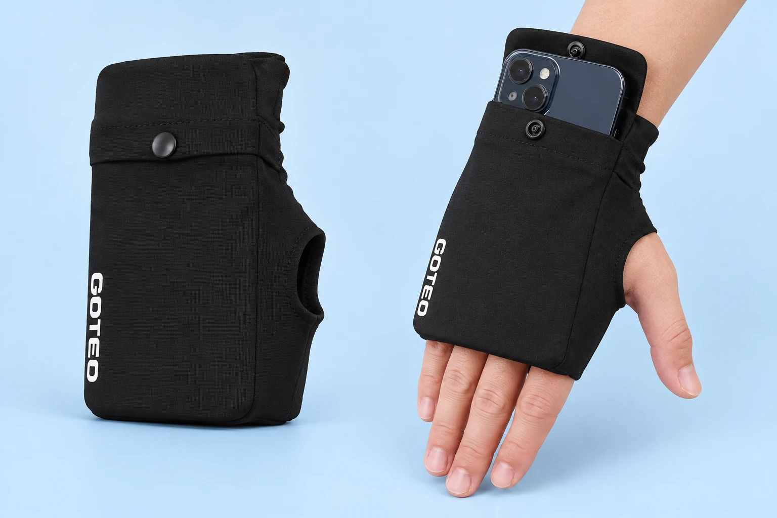 Single black left-hand phone-pocket glove, supplier size S, shown empty at left and worn on a stationary adult left hand with a demonstration phone partly inside the original pocket at right. Phone and clothing are not included.