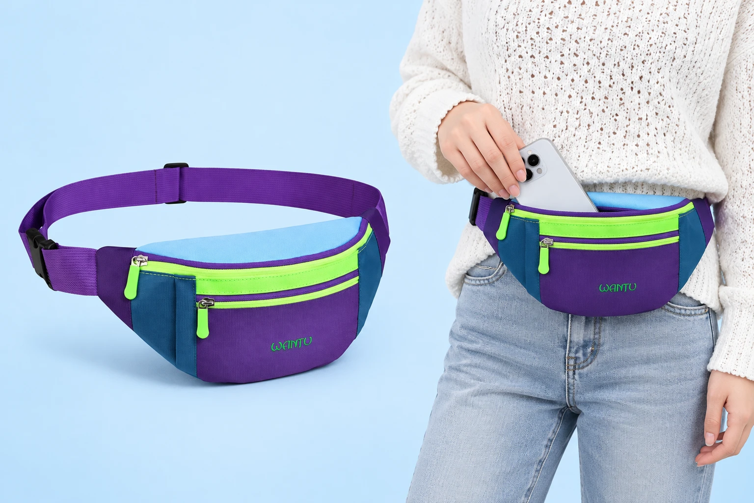 Purple colorblock phone waist pouch and hand-supported partial phone insertion into its top opening