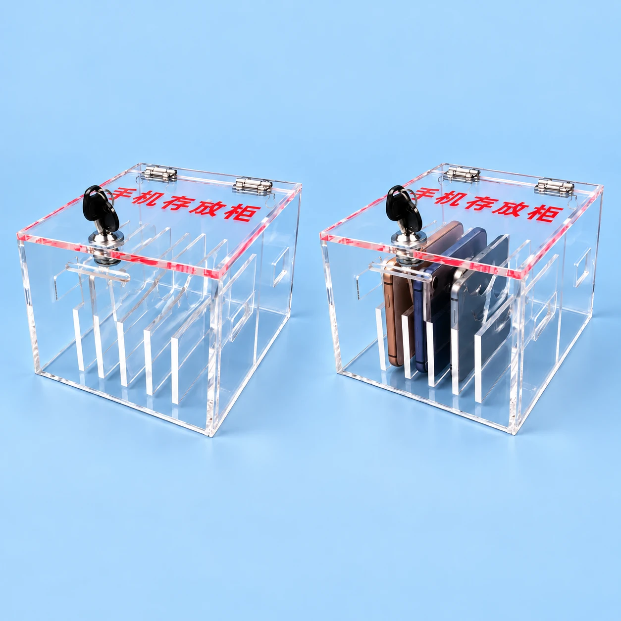 Clear six-bay keyed phone storage cabinet, complete empty unit left and illustrative stationary phone storage right on pale blue; phones excluded., square composition
