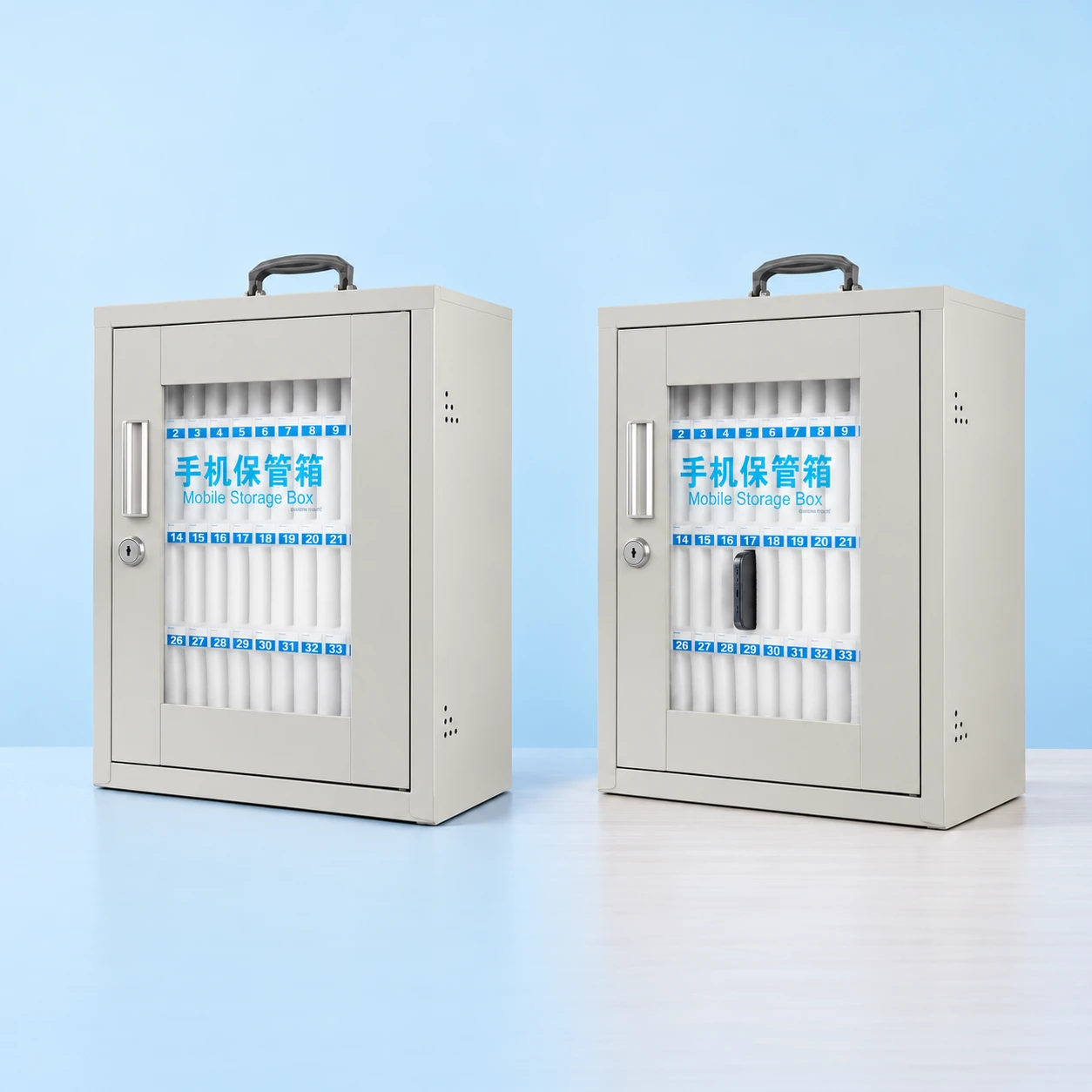 Light-Gray Recessed-Window Phone Storage Cabinet; product and illustrative use on pale blue. Phone and scene props excluded., square composition