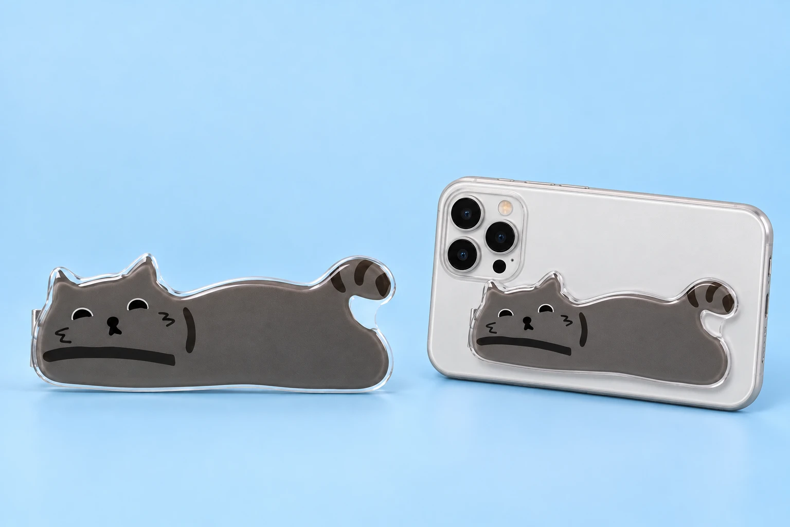Charcoal reclining cat folding phone kickstand and closed landscape phone-back placement