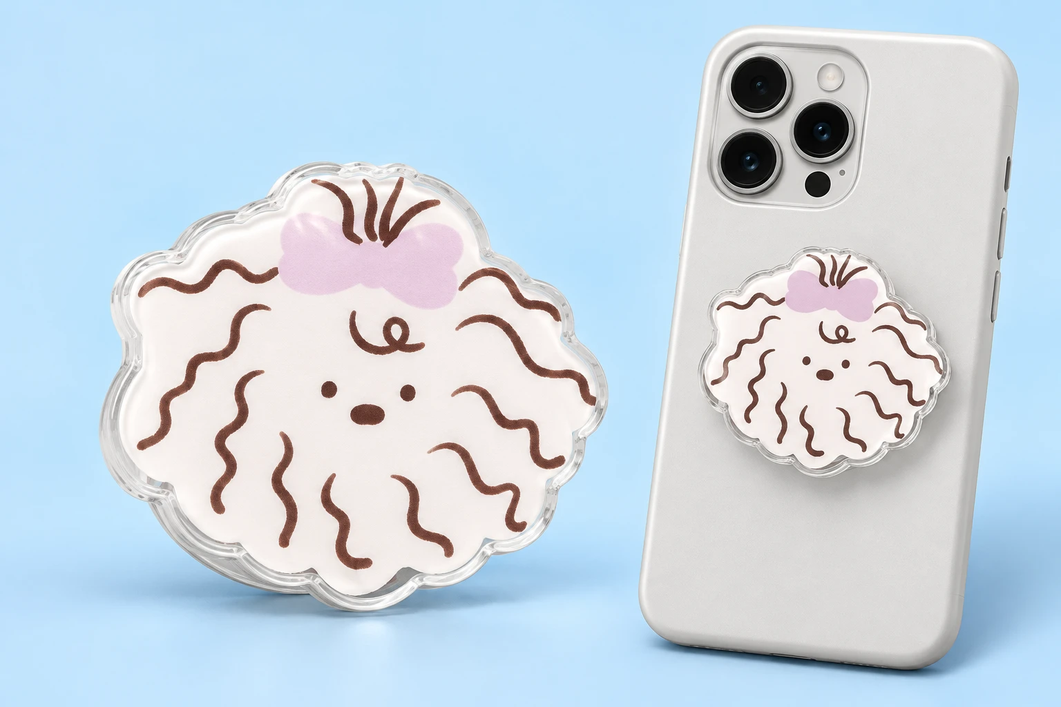 White wavy-edged dog phone grip with lilac bow and closed phone-back placement