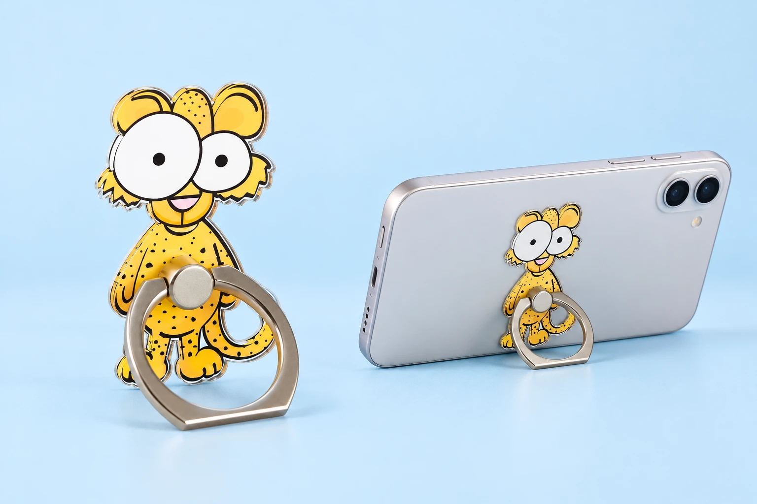Leopard Phone Ring Holder shown complete with illustrated phone use