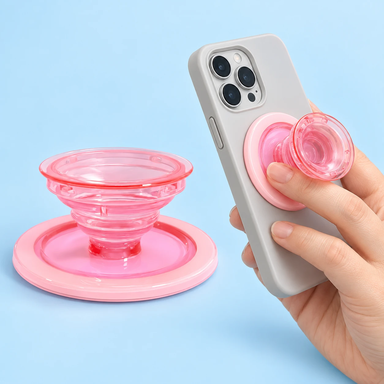Pink expanding cup phone grip with broad backing, shown as an assembled main product and in compatible magnetic-case use; supplied attachment ring is not pictured.