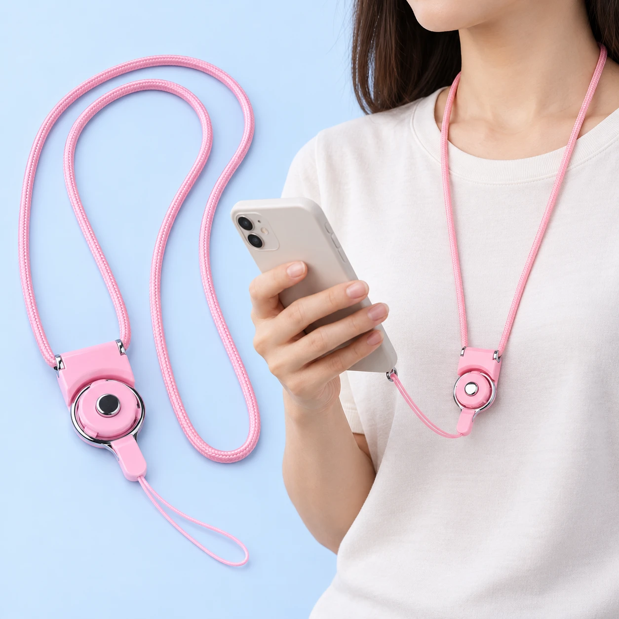 Pink neck lanyard with original removable ring and doubled phone-string tether, shown complete and in supported compatible-case use.