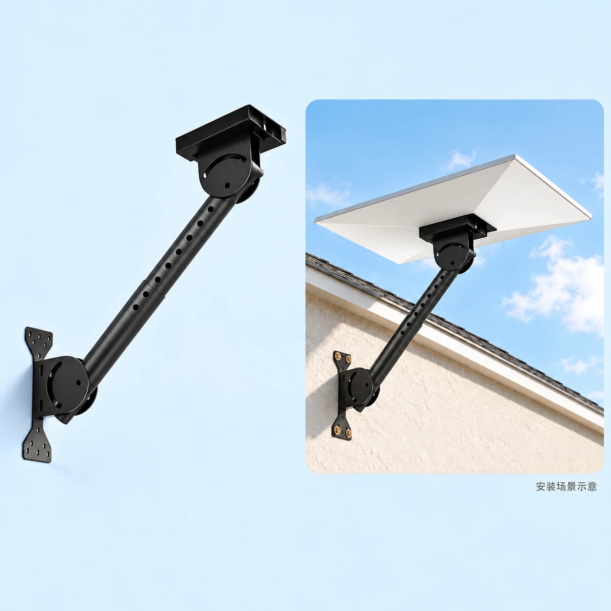 Extended Telescoping Dual-Arc Wall Mast for Starlink Gen3. AI installation illustration; Starlink equipment not included., square composition