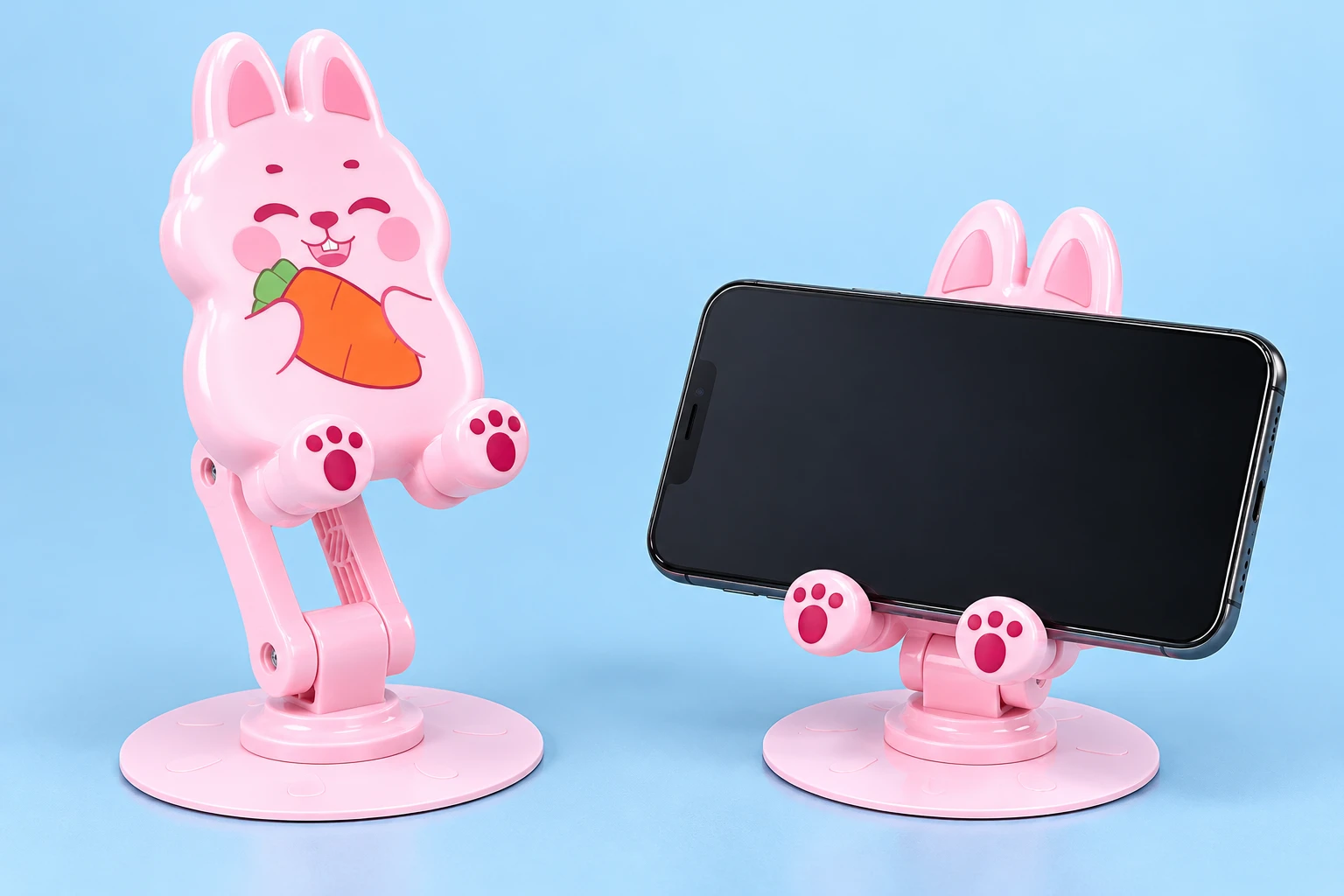 Pink carrot bunny rotating folding phone stand and illustrative landscape cradle use