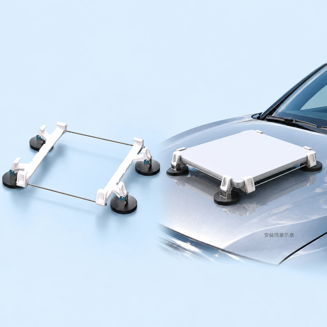 Starlink Mini Stepped Twin-Bar Four-Magnet Mount Kit. AI installation illustration; Starlink equipment not included., square composition