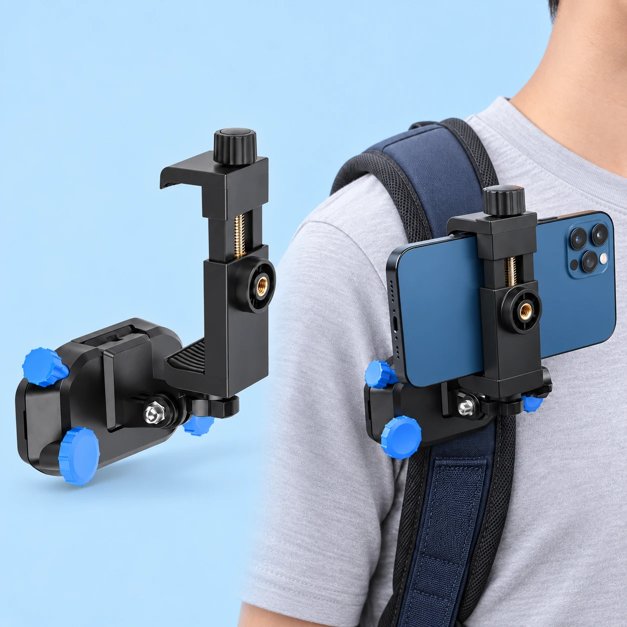 Blue-Knob Screw-Clamp Backpack Phone Holder
