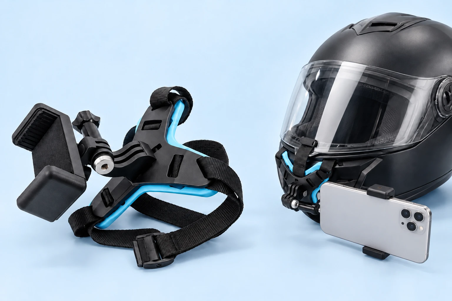 Blue-Trim Strap-On Helmet Chin Phone Mount Kit