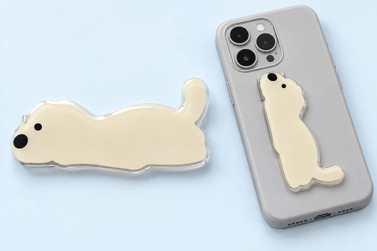 Cream reclining puppy folding phone kickstand and closed phone-back placement