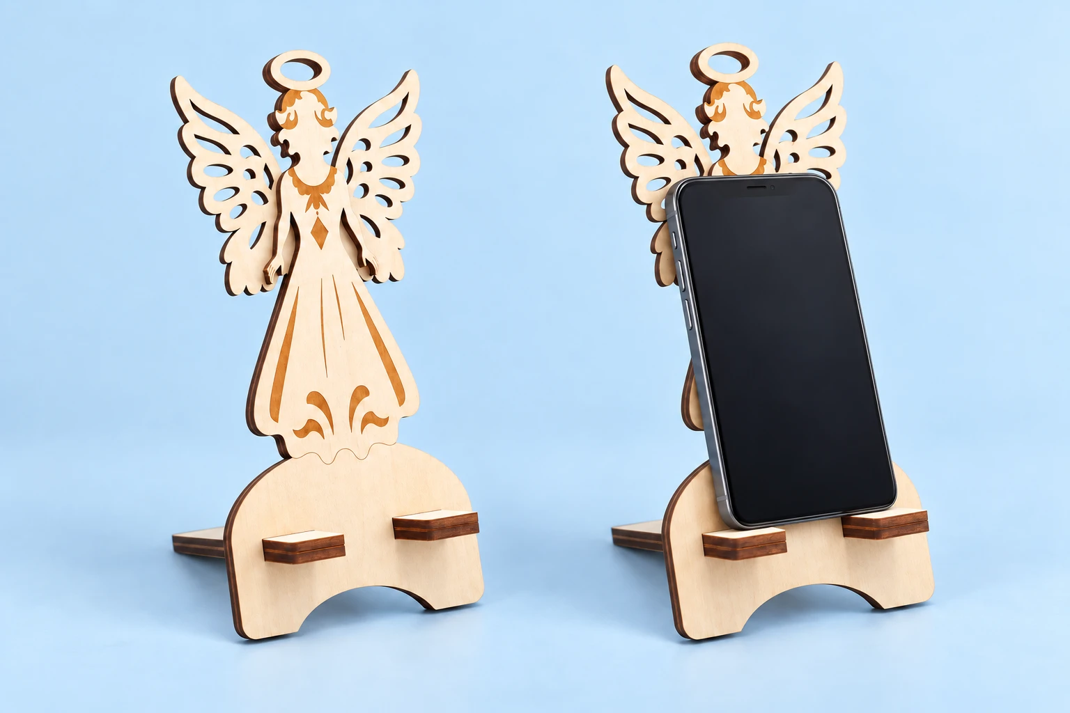 Winged angel wooden phone stand with flat support tabs and illustrative portrait phone use