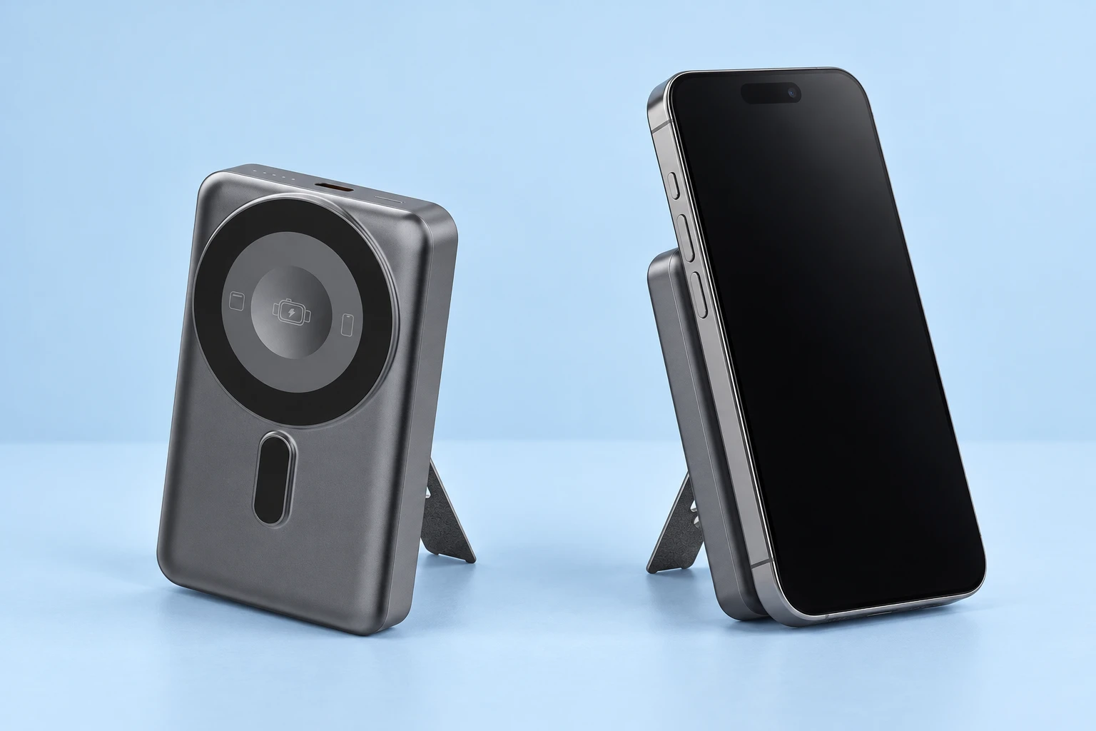 Complete gray magnetic power-bank phone stand with its original slim rear prop at left, beside the same unit magnetically supporting a portrait demonstration phone at right on pale blue. Original attached leads are stowed; phone is not included.