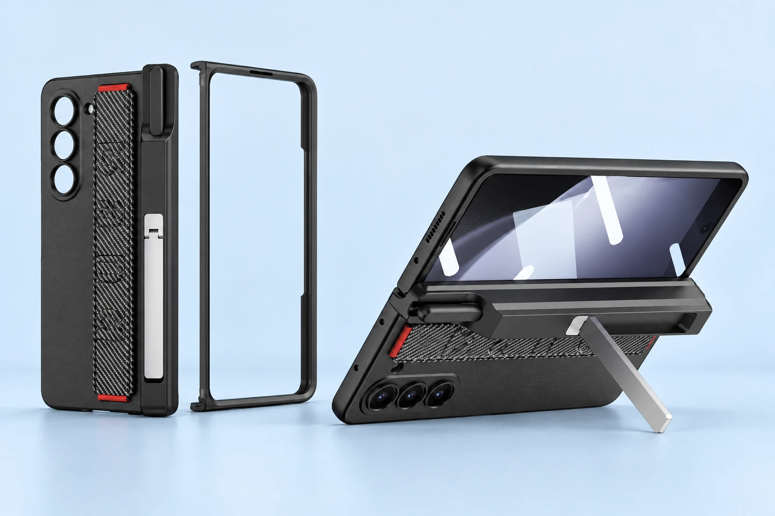 Complete black carbon-pattern Fold5 case with rear hand strap, red anchors, matching empty front section and hinge-spine kickstand, alongside faithful stationary supported use on pale blue. Phone is shown for context only; pen is not included.