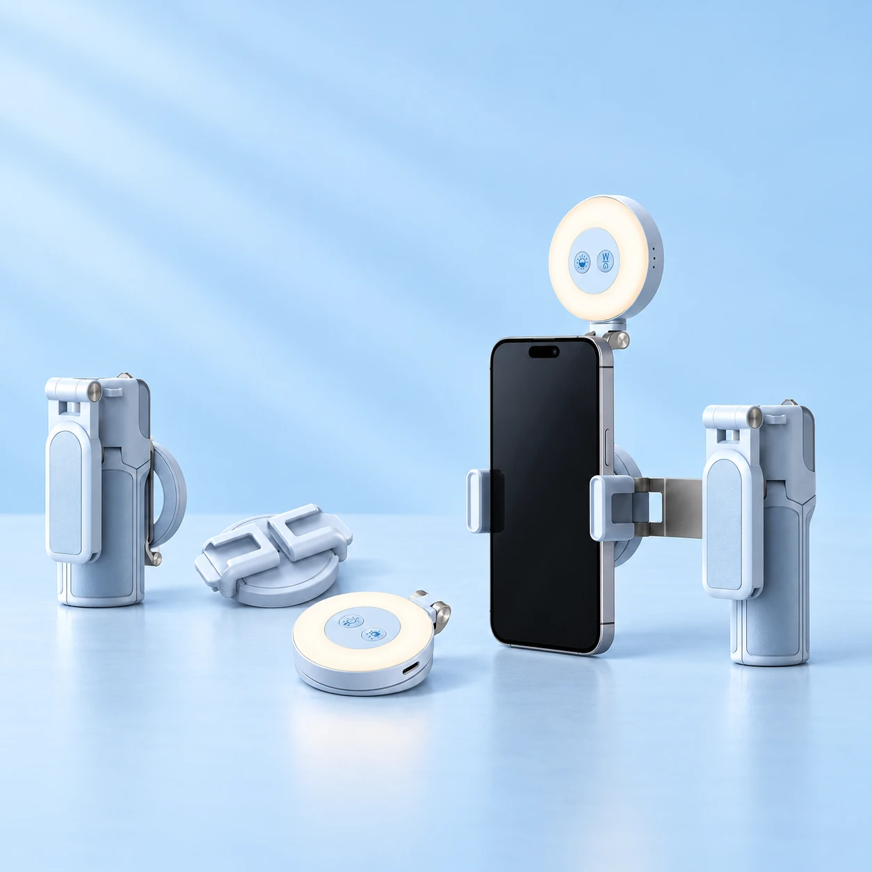 Glacier-blue Z3 with J08 Phone Clamp and FL22 Lamp; product and illustrative use on pale blue. Phone and scene props excluded., square composition