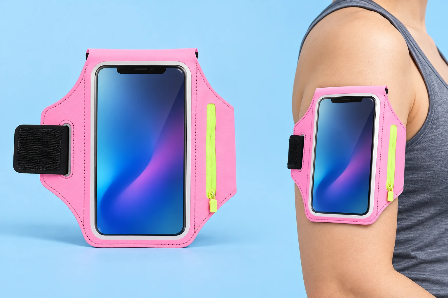 Pink Clear-Window Phone Armband with Side Zip Pocket