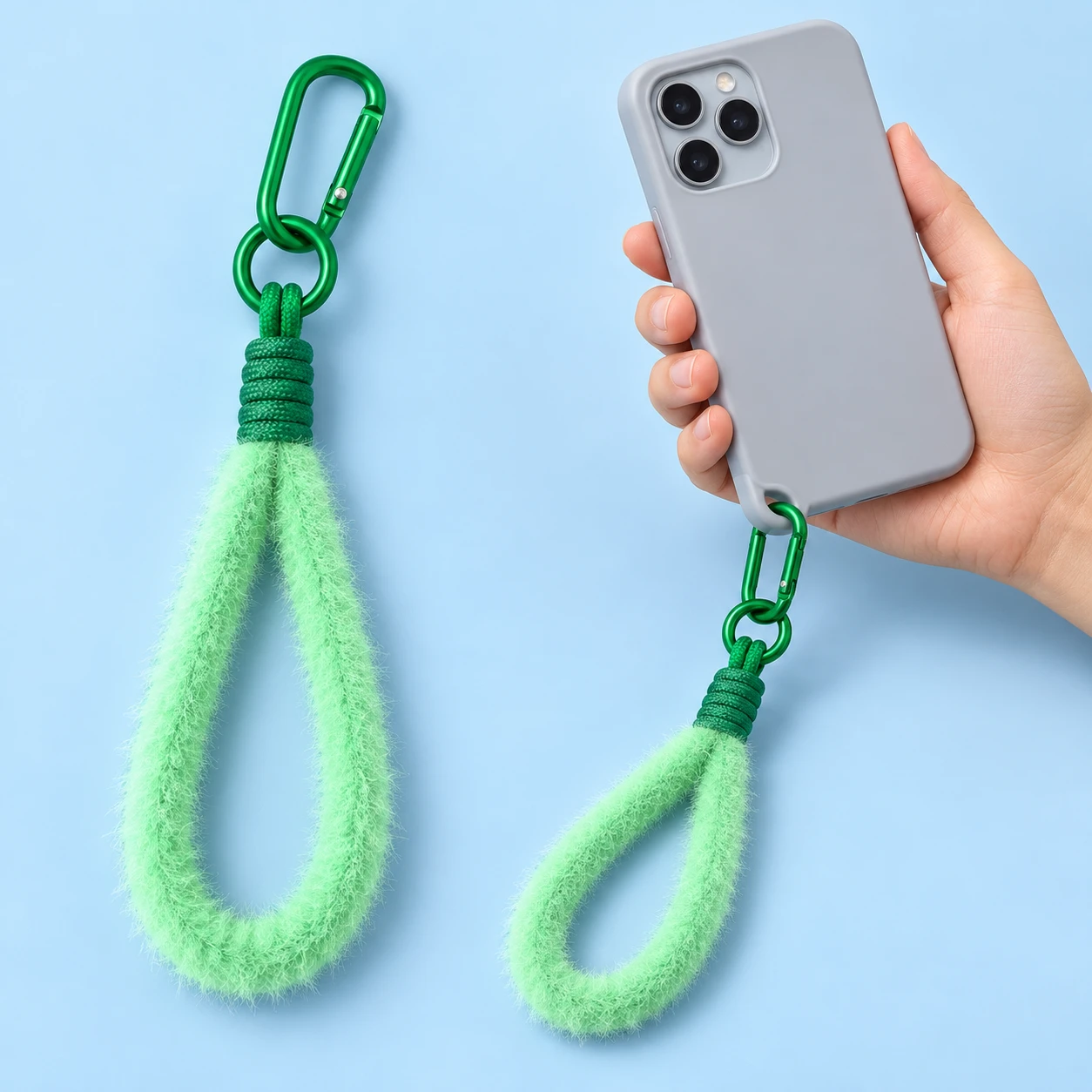 Mint fuzzy phone wrist loop with wrapped collar, round connecting ring and elongated gate, shown complete and in intended compatible-case use.
