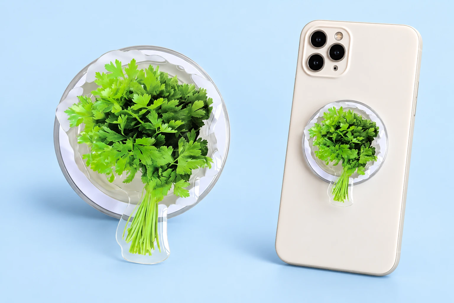 Cilantro printed die-cut phone grip with clear circular base, shown complete and flat-mounted on a phone