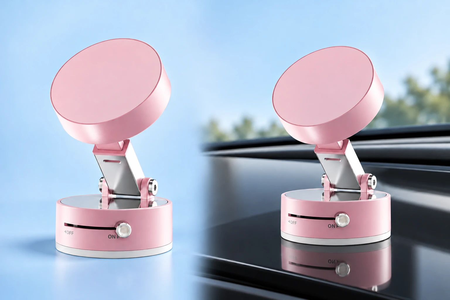 Pale pink A2 magnetic phone holder with slider-lock suction base, shown alone and empty on smooth glossy trim